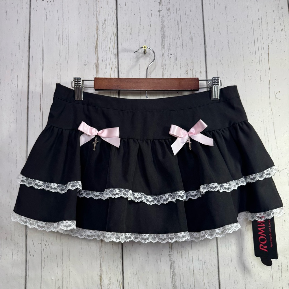 Romwe Black Lace Ruffle Mini Skirt Bow Gothic Y2K Coquette M